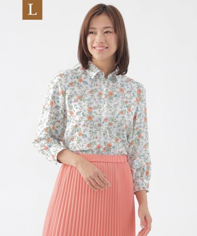 【L】【ウォッシャブル】ラインフラワープリントブラウス