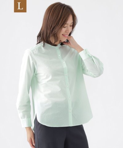 【L】【ウォッシャブル】エアリーコットンストライプシャツブラウス