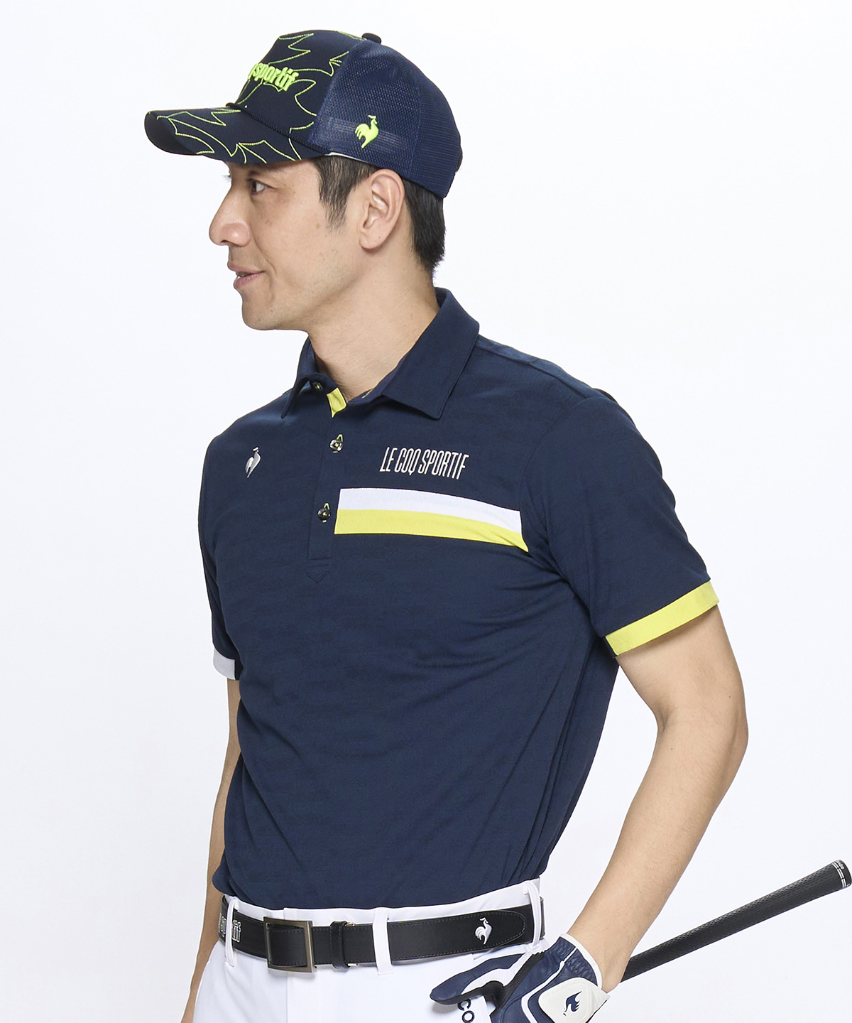 lecoqsportifgolf 接触冷感 メッシュ小柄ジャガード半袖シャツ ネイビー L