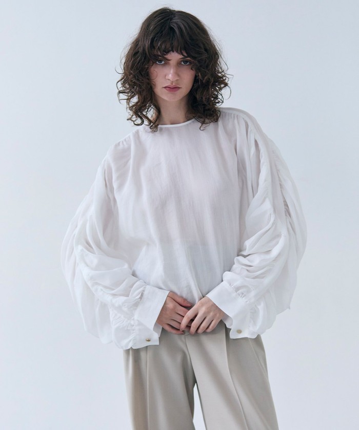 BEIGE 【洗える】PAULINE / タックギャザーリネンボリュームブラウス WHITE 2