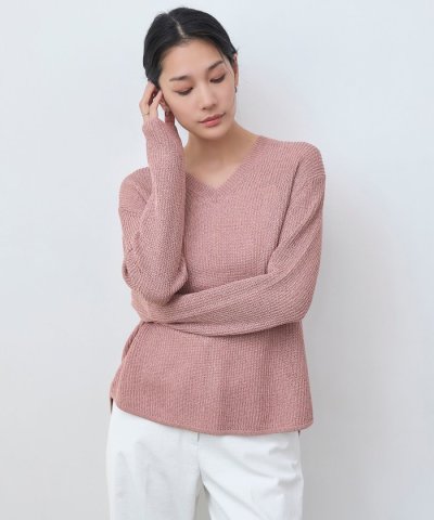 【洗える】 ペーパーブレンドシャインニット Vネックプルオーバー