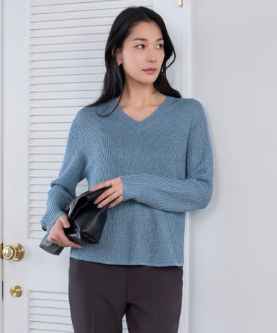【洗える】 ペーパーブレンドシャインニット Vネックプルオーバー