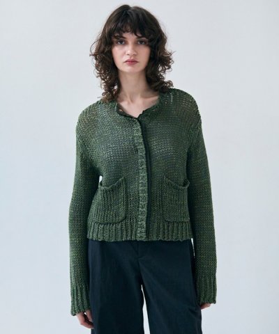 【洗える】THYME / クルーネックコットンメッシュカーディガン