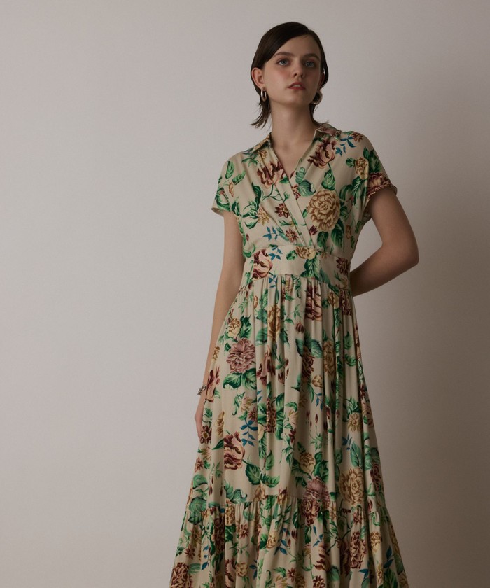 GRACECONTINENTAL アンティークフラワープリントワンピース ベージュ 38