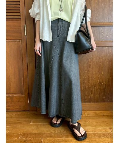 後ろゴムマチデザインフレアデニムスカート【ウォッシャブル】