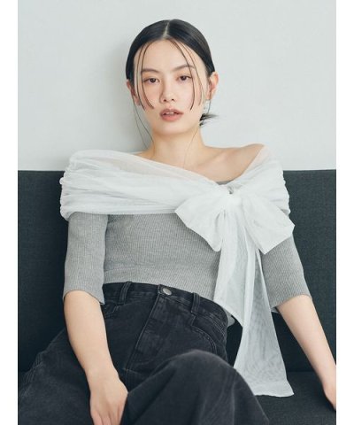 チュールコンビオフショルニット