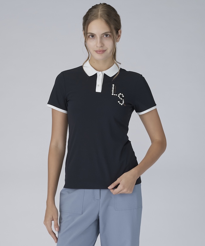 LANVINSPORT デザインロゴ刺繍半袖ポロシャツ【Sunscreen NIR/吸汗速乾】 ブラック 42 LANVINSPORT デザインロゴ刺繍半袖ポロシャツ【Sunscreen NIR/吸汗速乾】 ブラック 42