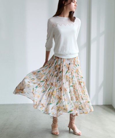 ウォーターカラーフラワープリント プリーツスカート