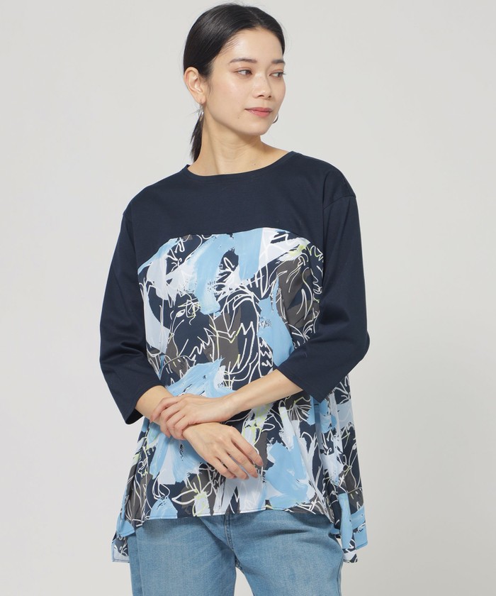 tシャツ 「ウォシャブル」フラワープリントコンビカットソー レディース ウォシャブル】フラワープリントコンビカットソー(507995598