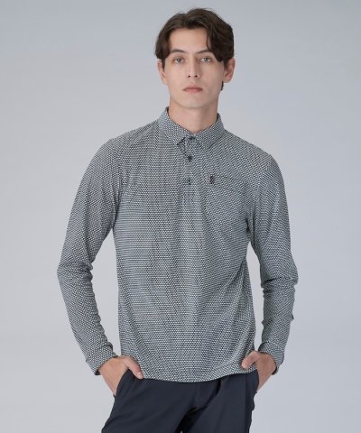 幾何学プリント長袖ポロシャツ【Sunscreen NIR/吸汗速乾】