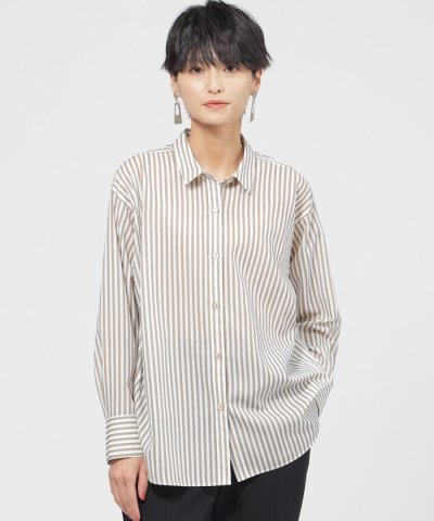 【マシンウォッシャブル】コットンライクストライプシャツブラウス