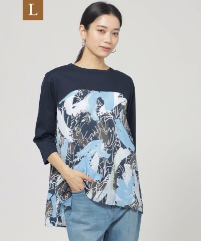【L】【ウォシャブル】フラワープリントコンビカットソー