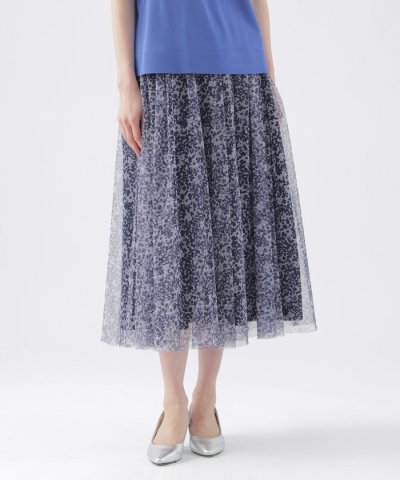 【ウォッシャブル】チュールフラワープリントギャザーフレアースカート