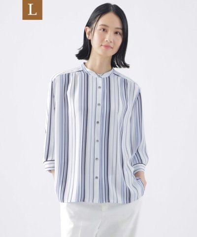 【L】【ウォッシャブル】マルチストライププリントシャツブラウス