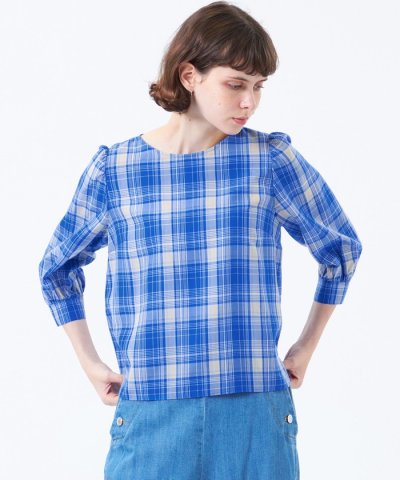 タータンチェックギャザースリーブブラウス