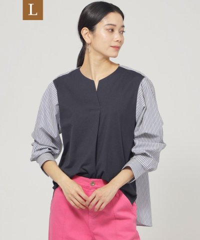 【L】【ウォッシャブル】ラメストライプジャージ―コンビプルオーバー