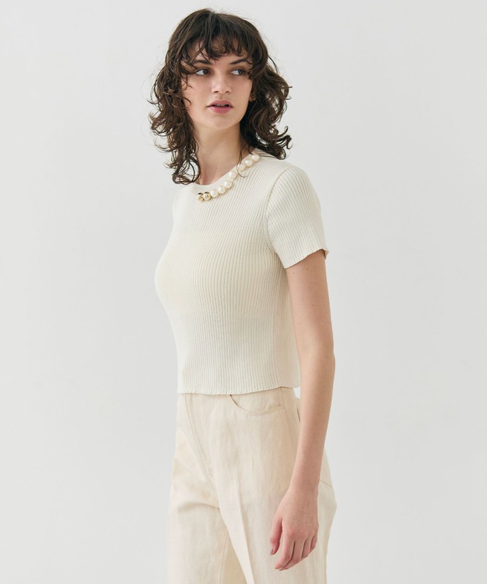 BEIGE 【洗える・美人百花 4月号掲載】VINCA / パール付き半袖コットンリブニット ECRU 4 BEIGE 【洗える・美人百花 4月号掲載】VINCA / パール付き半袖コットンリブニット ECRU 4