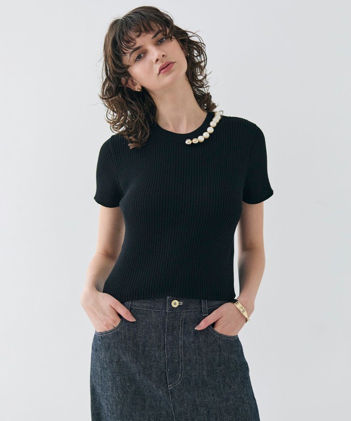 BEIGE 【洗える・美人百花 4月号掲載】VINCA / パール付き半袖コットンリブニット BLACK 32 BEIGE 【洗える・美人百花 4月号掲載】VINCA / パール付き半袖コットンリブニット BLACK 32