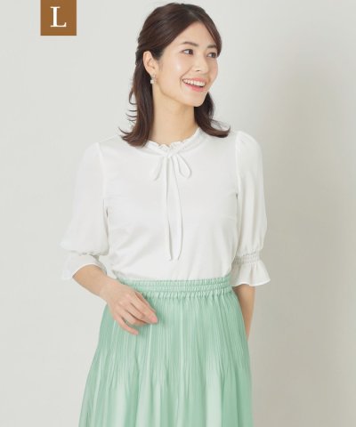 【L】シフォンコンビ　ギャザーカットソー