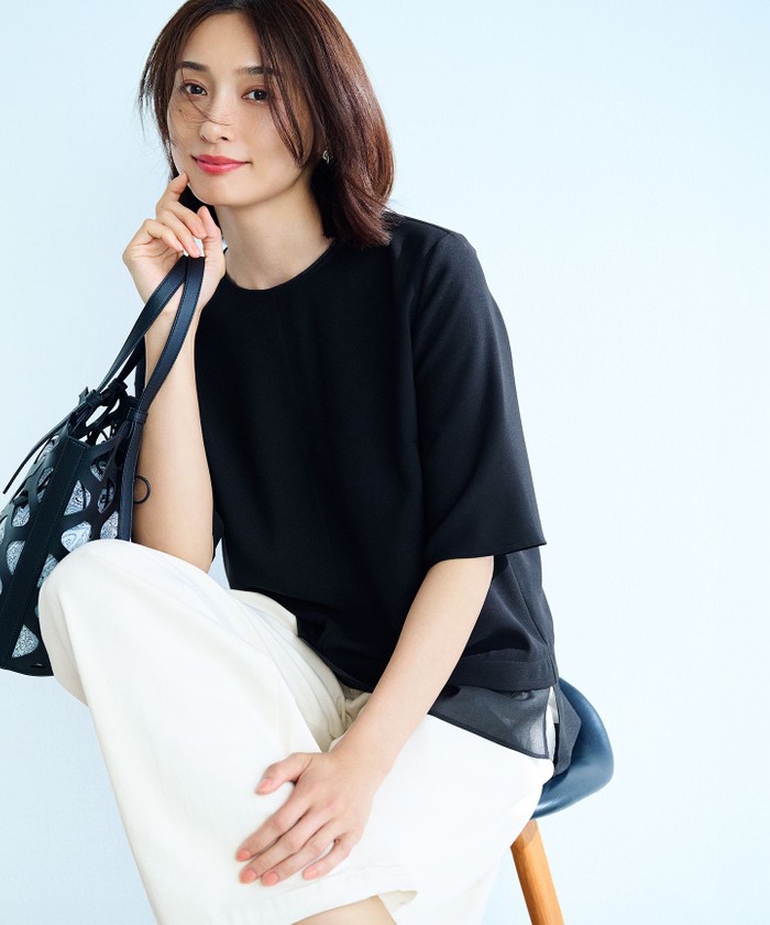 今期【吸水速乾、接触冷感】ストレッチジョーゼット シアーコンビ カットソー 吸水速乾/UVカット/接触冷感】ストレッチジョーゼット シアー