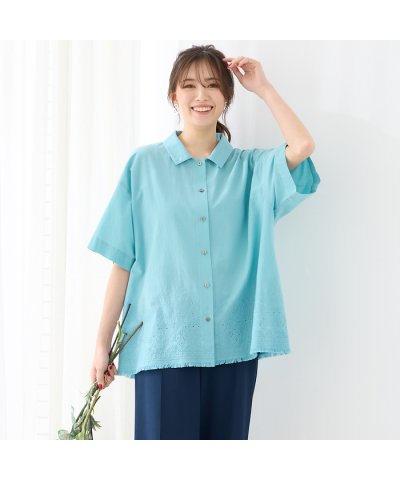 【手洗いOK・綿100％】刺繍加工裾フリンジシャツ