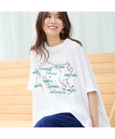【手洗いOK・綿100％】世界地図プリント＆刺繍カットソー