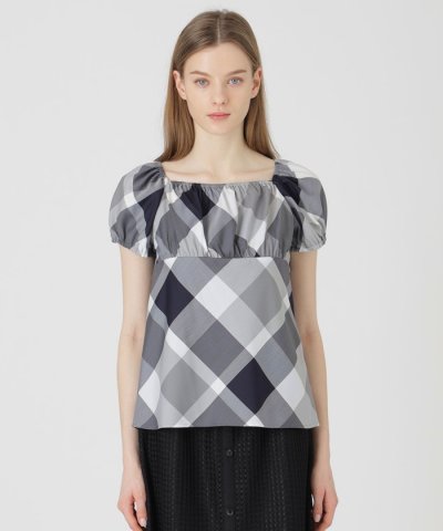 クレストブリッジチェックライトクロッシングツイルスクエアネックブラウス