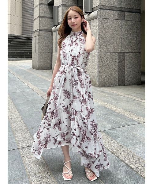 ホルターネックワンピース ラメ入り おしゃれ キュート フリンジ スカート アメスリフリンジワンピース ホルターネック 花柄