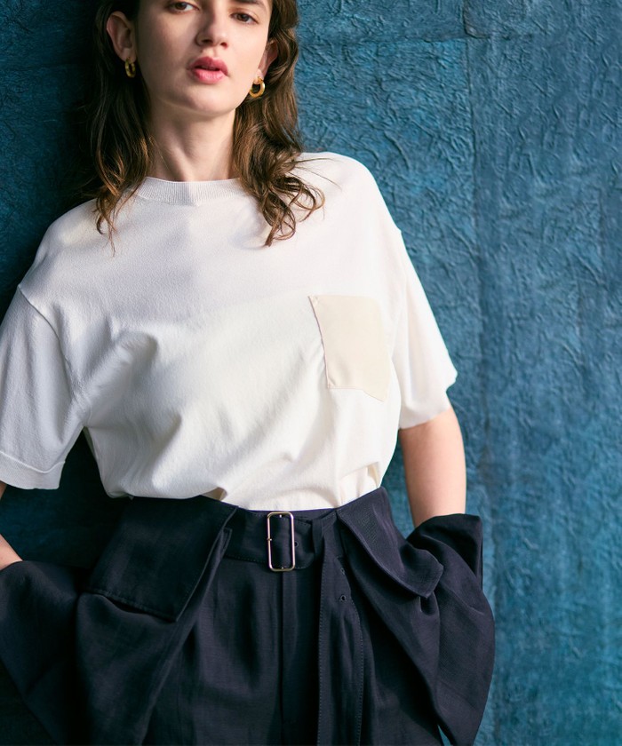 BEIGE 【洗える】NADIA / レザーポケット付き半袖ニットTシャツ ECRU 4 BEIGE 【洗える】NADIA / レザーポケット付き半袖ニットTシャツ ECRU 4