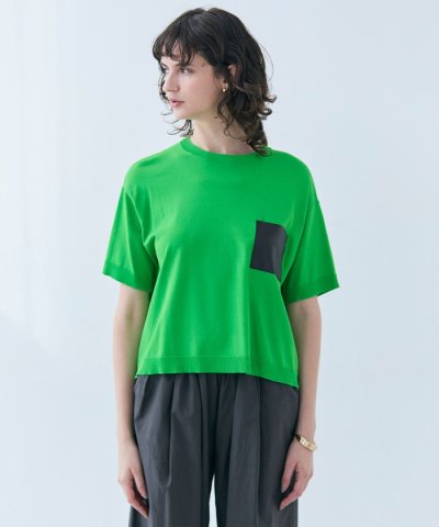 【洗える】NADIA / レザーポケット付き半袖ニットTシャツ