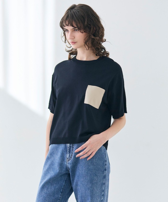 BEIGE 【洗える】NADIA / レザーポケット付き半袖ニットTシャツ NAVY 4 BEIGE 【洗える】NADIA / レザーポケット付き半袖ニットTシャツ NAVY 4