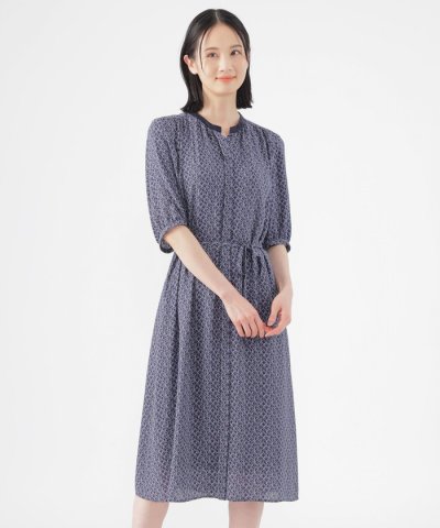 【UV対策】【ウォッシャブル】ラインキューブプリントシャツワンピース