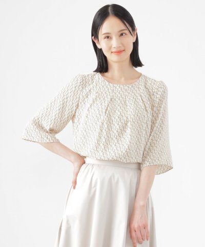 【ウォッシャブル】ラインキューブプリントコンビブラウス