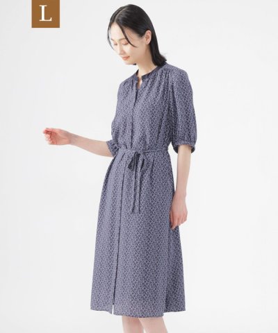 【L】【UV対策】【ウォッシャブル】ラインキューブプリントシャツワンピース