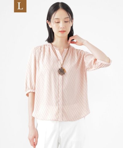 【L】【UV対策】【ウォッシャブル】ラインキューブプリントキーネックブラウス