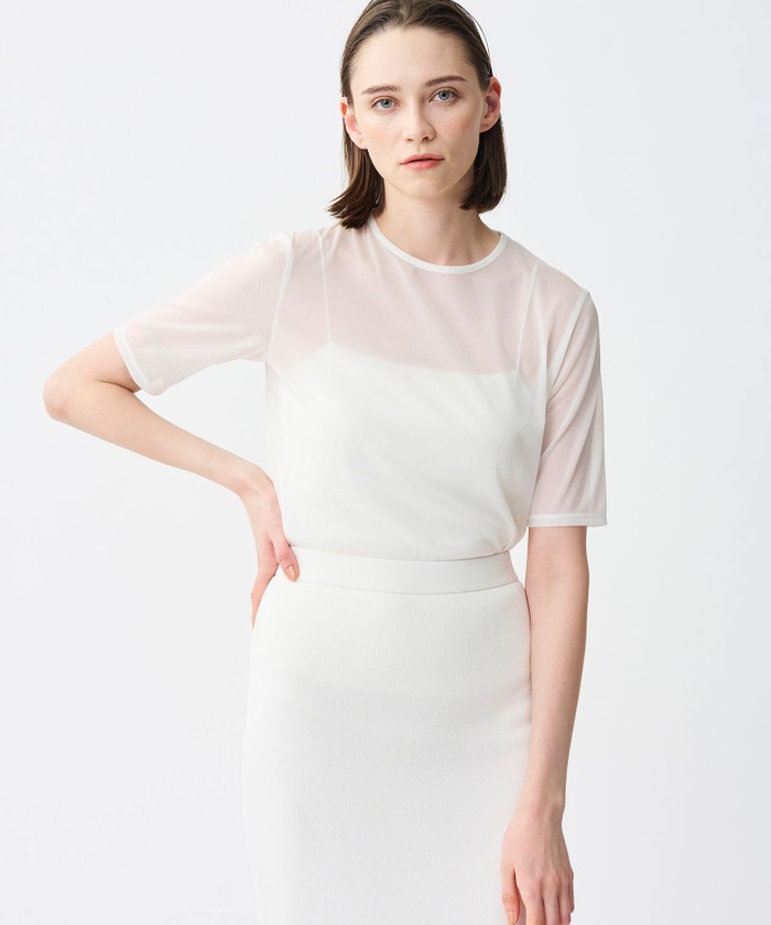 UNCRAVE 【洗濯機洗い可】トリコットシフォン ハーフスリーブカットソー オフ 1 UNCRAVE 【洗濯機洗い可】トリコットシフォン ハーフスリーブカットソー オフ 1