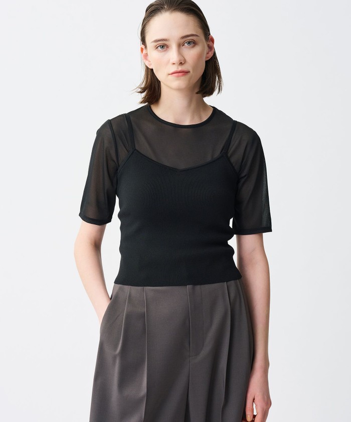 UNCRAVE 【洗濯機洗い可】トリコットシフォン ハーフスリーブカットソー ブラック 2 UNCRAVE 【洗濯機洗い可】トリコットシフォン ハーフスリーブカットソー ブラック 2