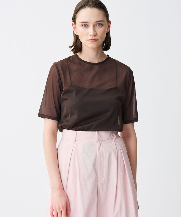 UNCRAVE 【洗濯機洗い可】トリコットシフォン ハーフスリーブカットソー ブラウン 1 UNCRAVE 【洗濯機洗い可】トリコットシフォン ハーフスリーブカットソー ブラウン 1