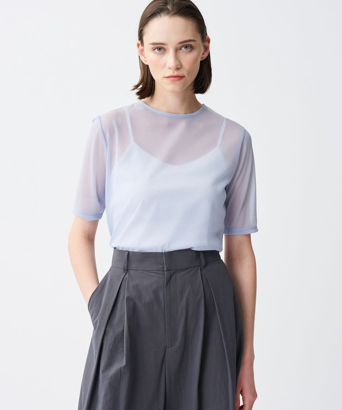 UNCRAVE 【洗濯機洗い可】トリコットシフォン ハーフスリーブカットソー サックス 2 UNCRAVE 【洗濯機洗い可】トリコットシフォン ハーフスリーブカットソー サックス 2