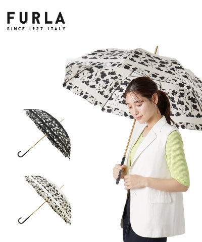 フルラ FURLA 雨傘 長傘 カメリア 白黒 花柄 UV 雨傘 レディース