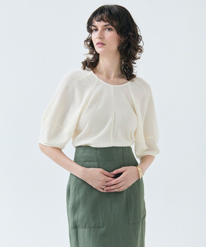 BEIGE 【洗える・吸水速乾・防シワ】LIATRIS / バックリボンハーフスリーブブラウ MERINGUE 32 BEIGE 【洗える・吸水速乾・防シワ】LIATRIS / バックリボンハーフスリーブブラウ MERINGUE 32