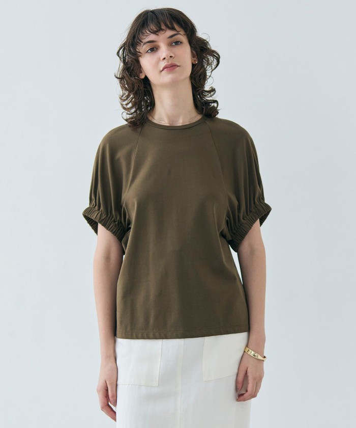 BEIGE 【洗える】STOCK / オーガニックコットン半袖ギャザートップス KHAKI 4 BEIGE 【洗える】STOCK / オーガニックコットン半袖ギャザートップス KHAKI 4