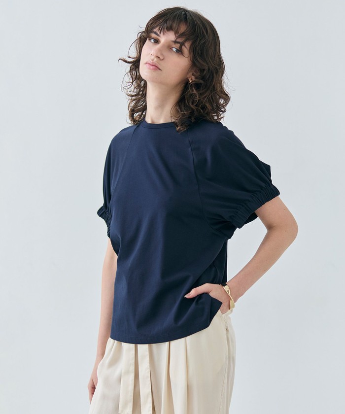 BEIGE 【洗える】STOCK / オーガニックコットン半袖ギャザートップス NAVY 4 BEIGE 【洗える】STOCK / オーガニックコットン半袖ギャザートップス NAVY 4