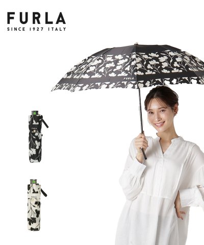 フルラ FURLA 雨傘 折りたたみ傘 コンパクト カメリア 白黒 花柄 UV