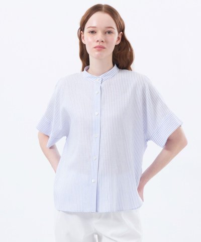 バンドカラーリネンミックスブラウス