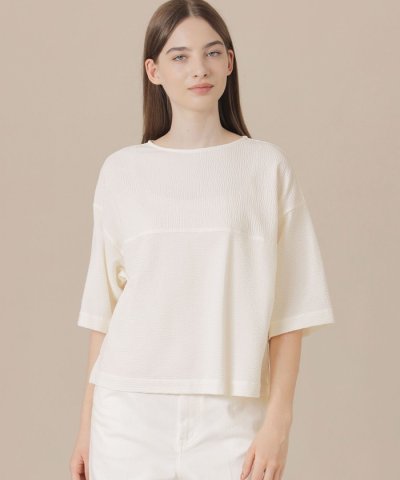 【WEB・一部店舗限定】ストレッチサッカーストライプ半袖ブラウス