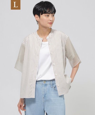 【L】【ウォッシャブル】シアーコンビストライプバンドカラーシャツ
