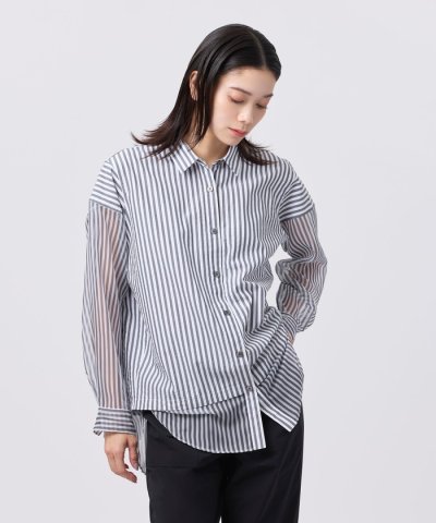 【L】【カタログ掲載品】【ウォッシャブル】シアーコンビストライプロングシャツ