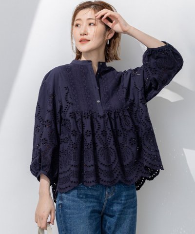 【洗える】コットンエンブロイダリー クロップド ブラウス