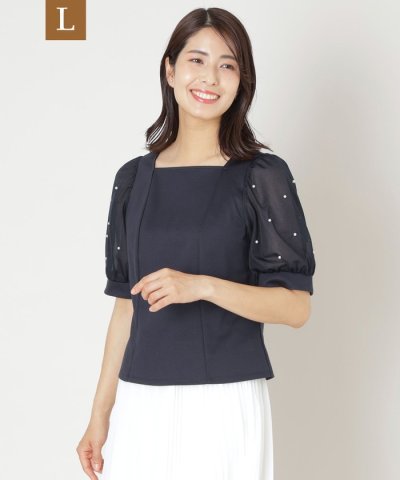 【L】ドットパールスリーブ カットソー